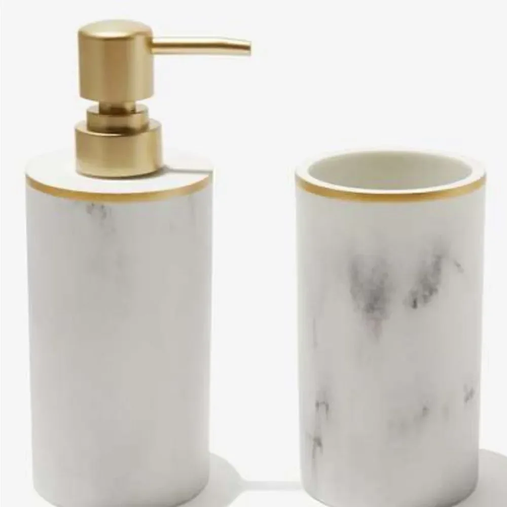 NEW Sunday Citizen Soap Dispenser and Toothbrush Holder Faux Marble gold accents